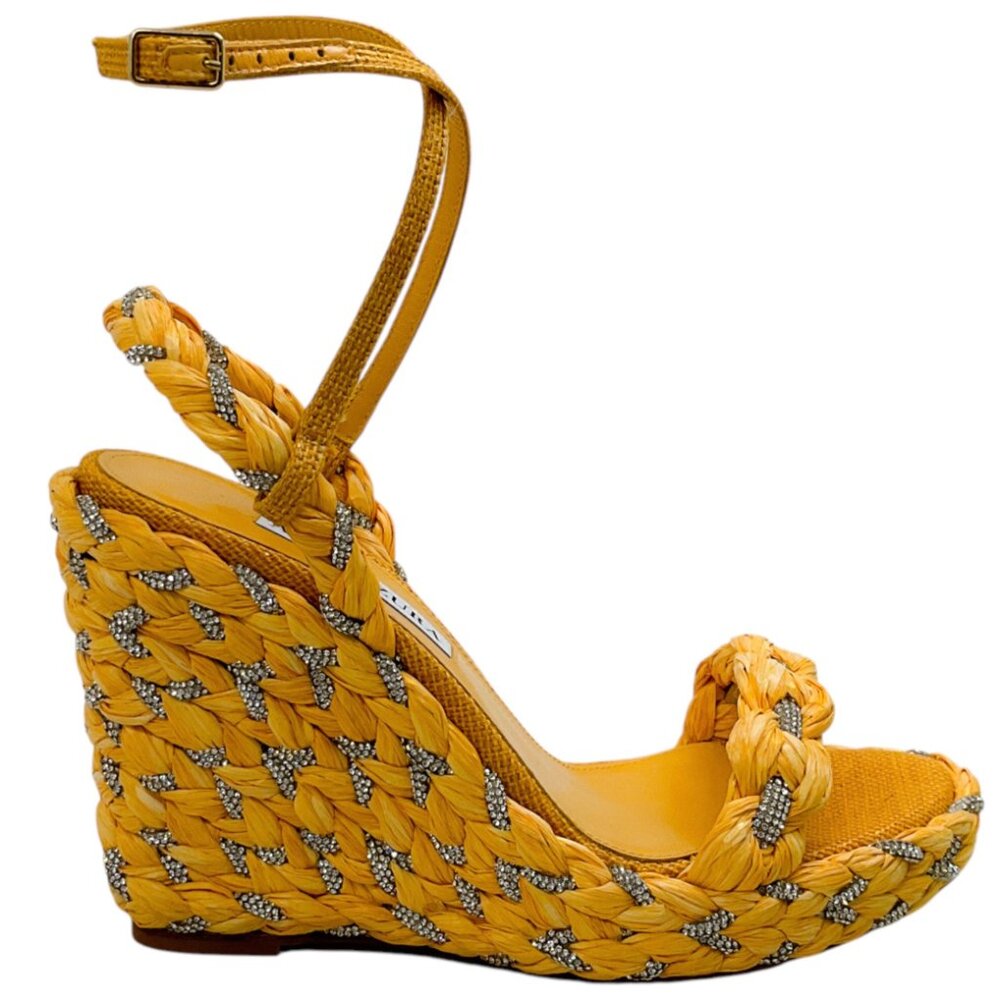 Aquazzura Lemonade Raffia Costiera Crystal Wedge Sandals - Picture 2 of 12